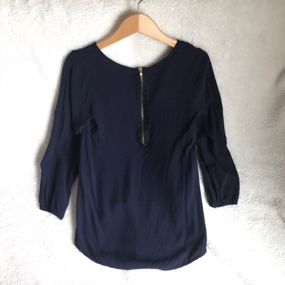 Navy high low blouse with contrasting zipper